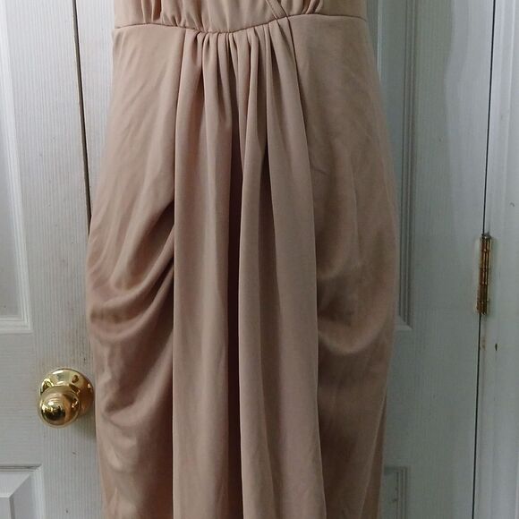 Tan nude color spaghetti cross over straps pleated front dress Sz XL EUC - Picture 4 of 8